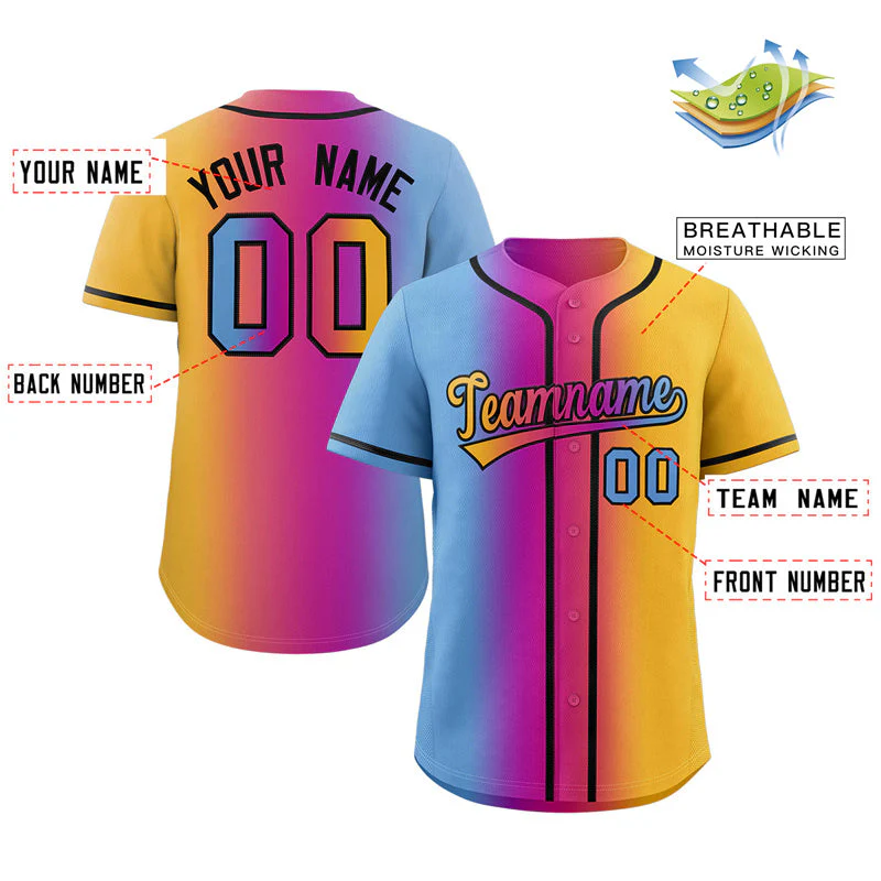 Hcwe Custom Light Blue Purple-Pink-Yellow Gradient Fashion Authentic Baseball Jersey