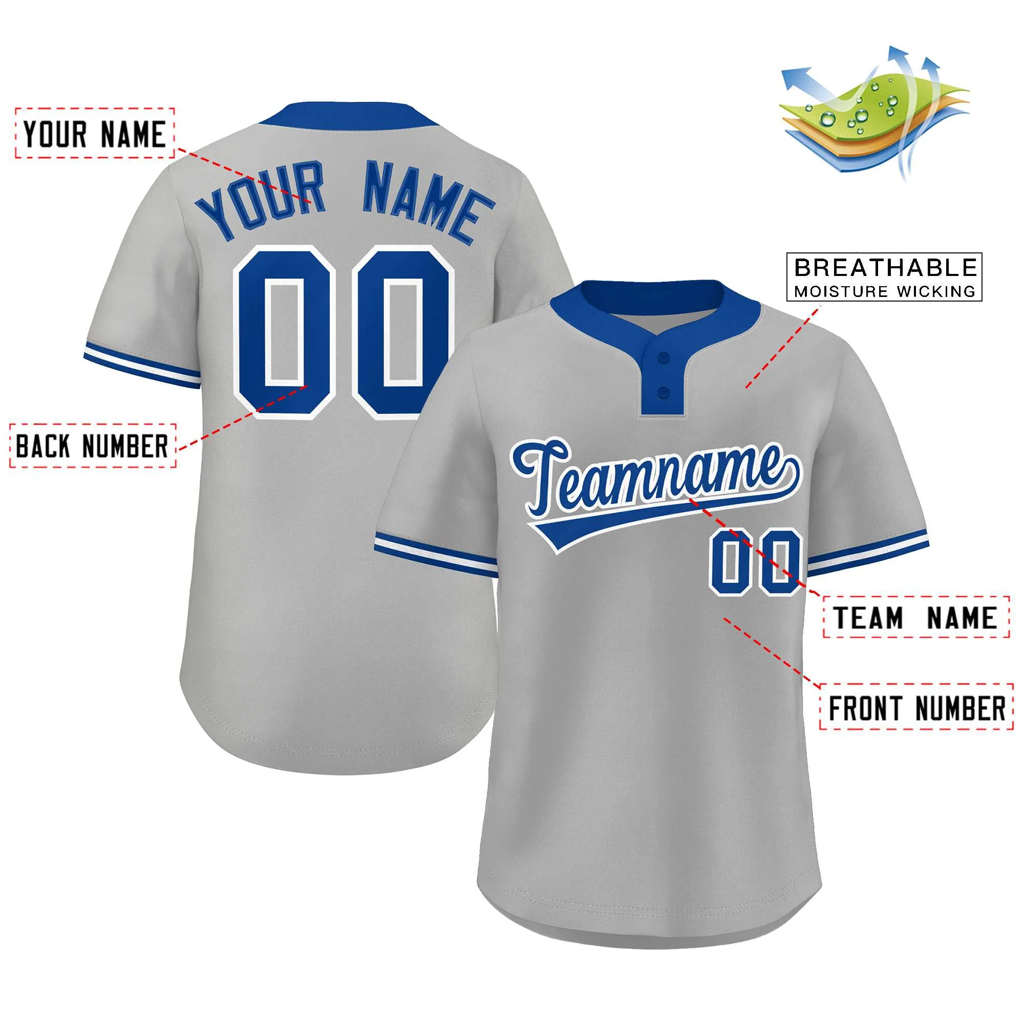 Hcwe Custom Gray Royal-White Classic Style Authentic Two-Button Softball Jersey