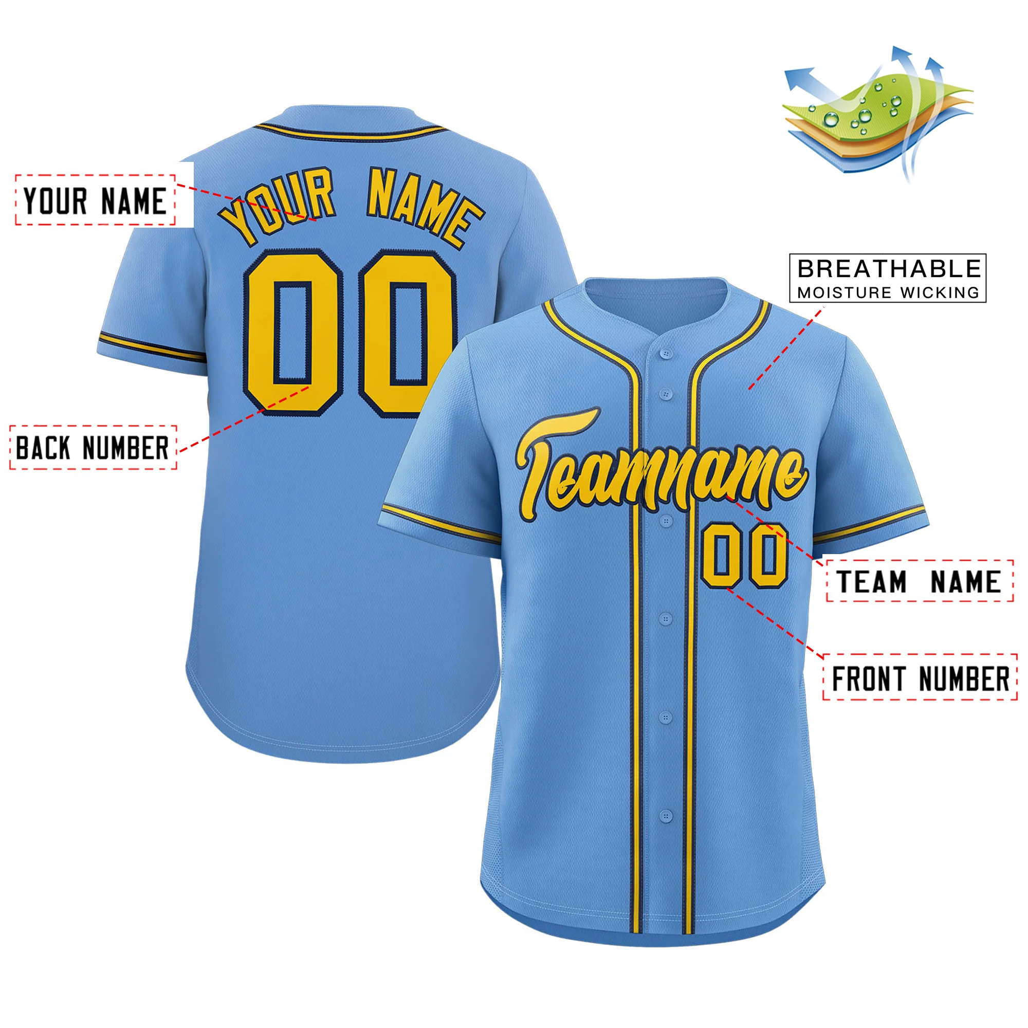 Hcwe Custom Light Blue Gold-Navy Classic Style Authentic Baseball Jersey