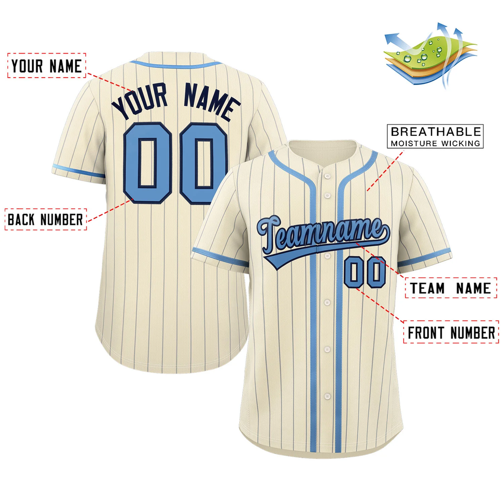 Hcwe Custom Cream Light Blue-Light Gray Stripe Fashion Design Full Button Authentic Baseball Jersey