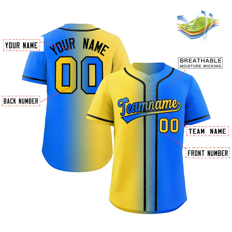 Hcwe Custom Powder Blue Gold-Black Gradient Fashion Authentic Baseball Jersey