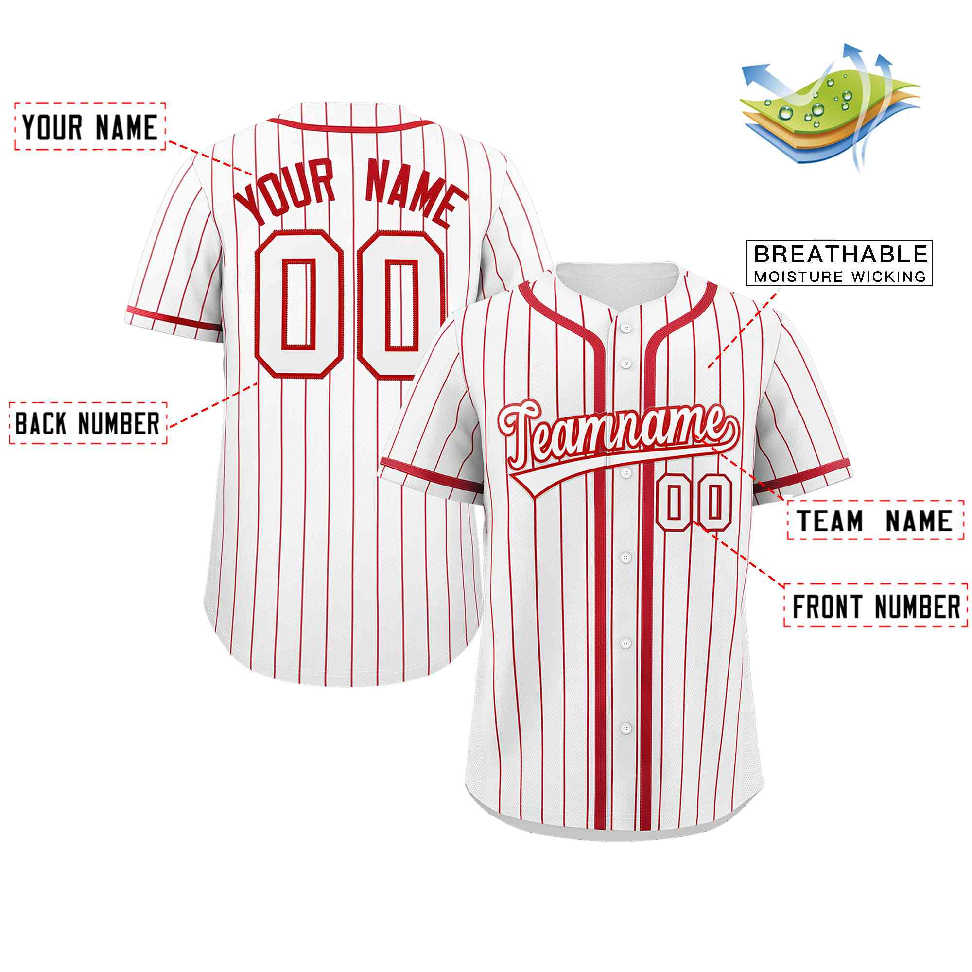 Hcwe Custom White Red Stripe Fashion Design Full Button Authentic Baseball Jersey