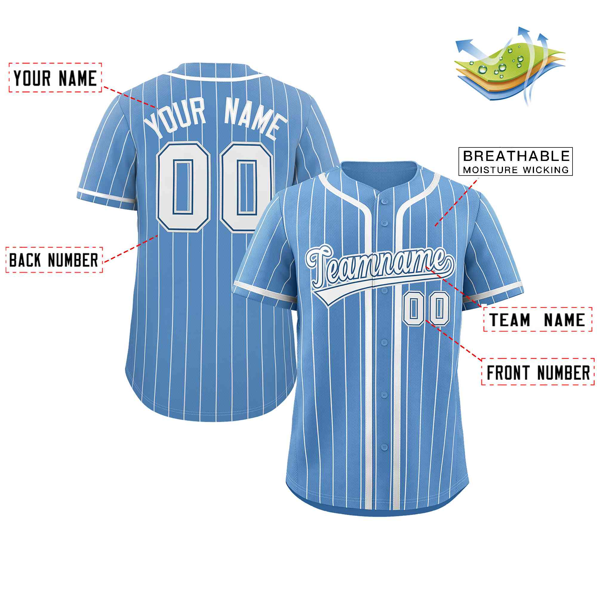 Hcwe Custom Light Blue White Stripe Fashion Design Full Button Authentic Baseball Jersey