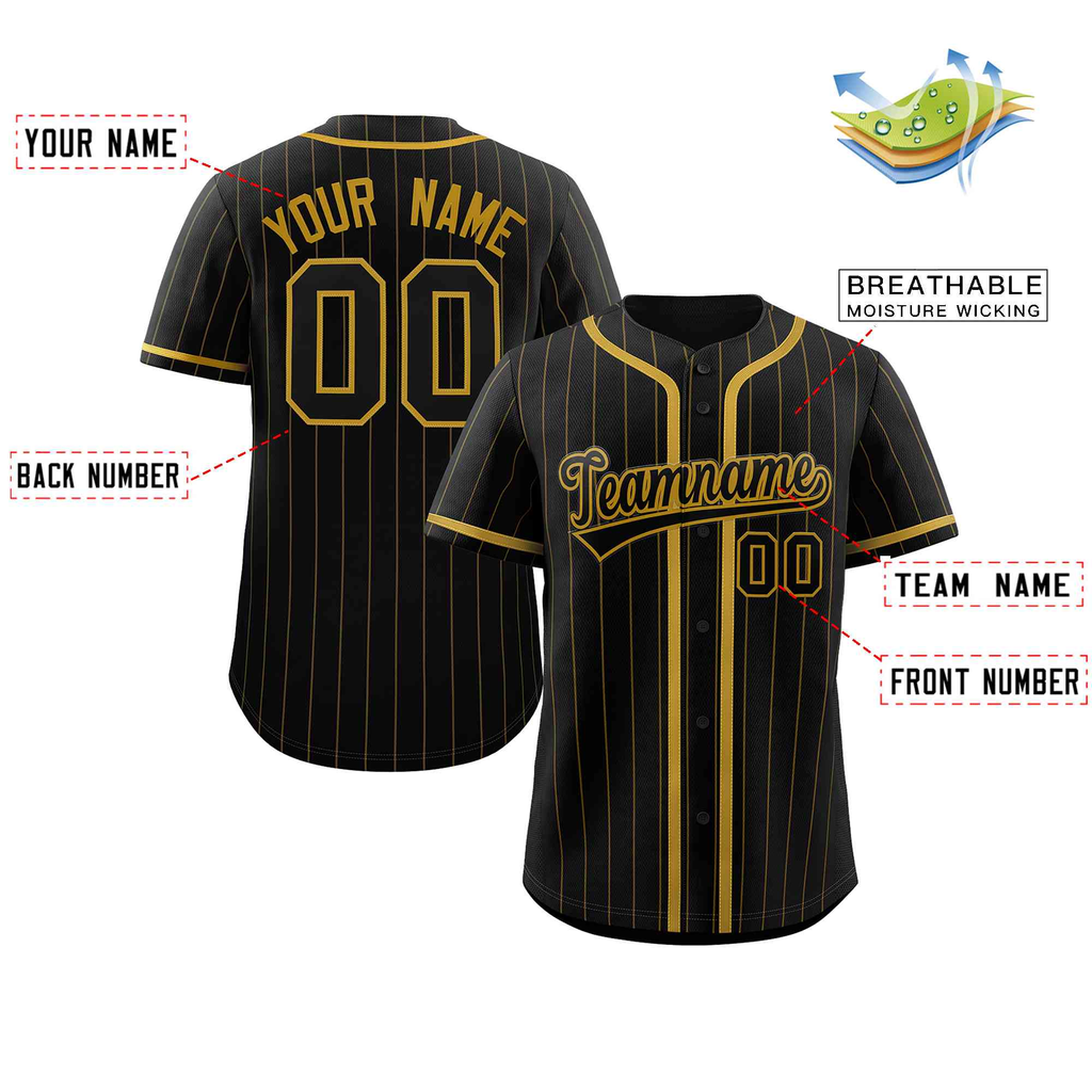 Hcwe Custom Black Old Gold Stripe Fashion Design Full Button Authentic Baseball Jersey