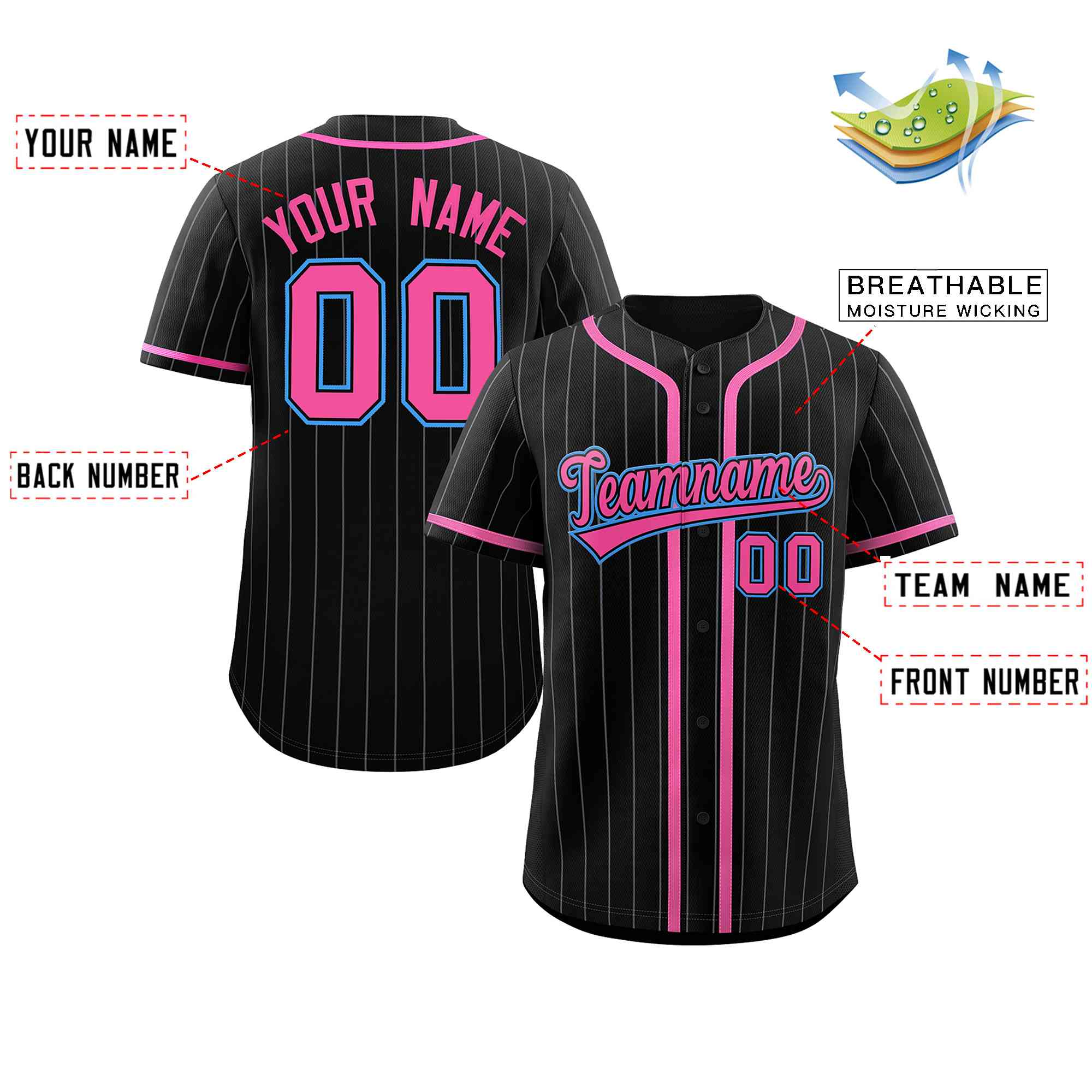 Hcwe Custom Black Pink-Gray Stripe Fashion Design Full Button Authentic Baseball Jersey