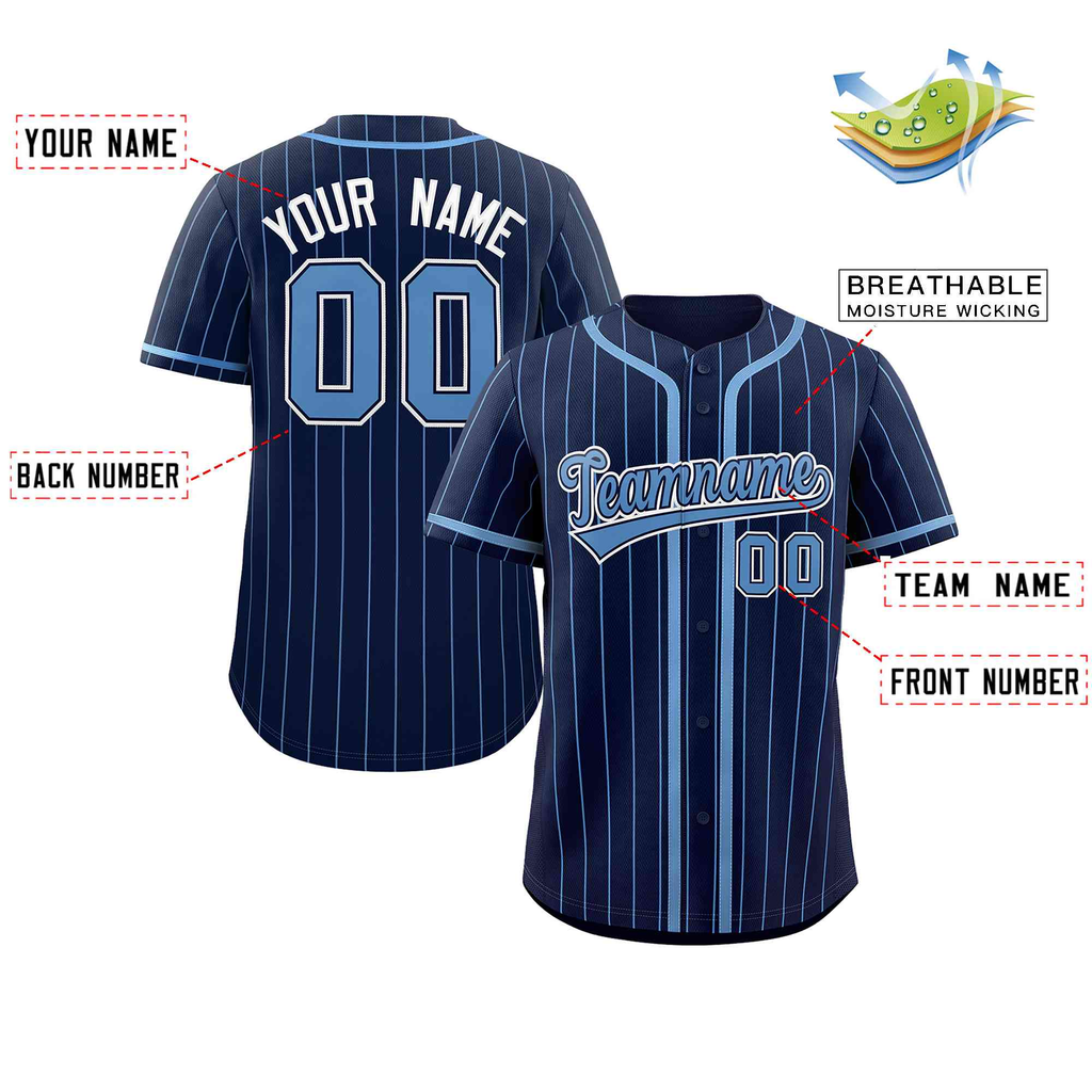 Hcwe Custom Navy Light Blue Stripe Fashion Design Full Button Authentic Baseball Jersey