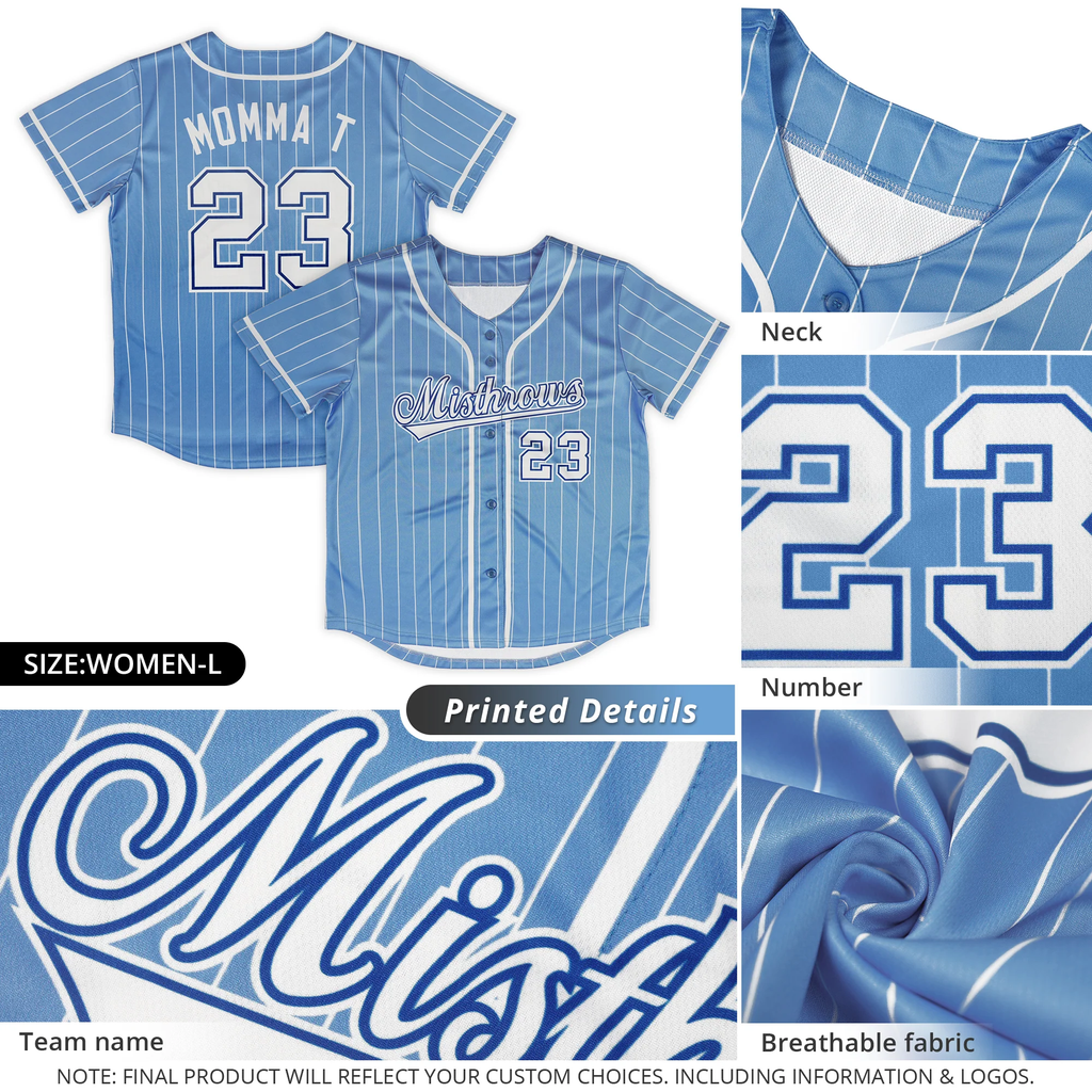 Hcwe Custom Light Blue White Stripe Fashion Design Full Button Authentic Baseball Jersey