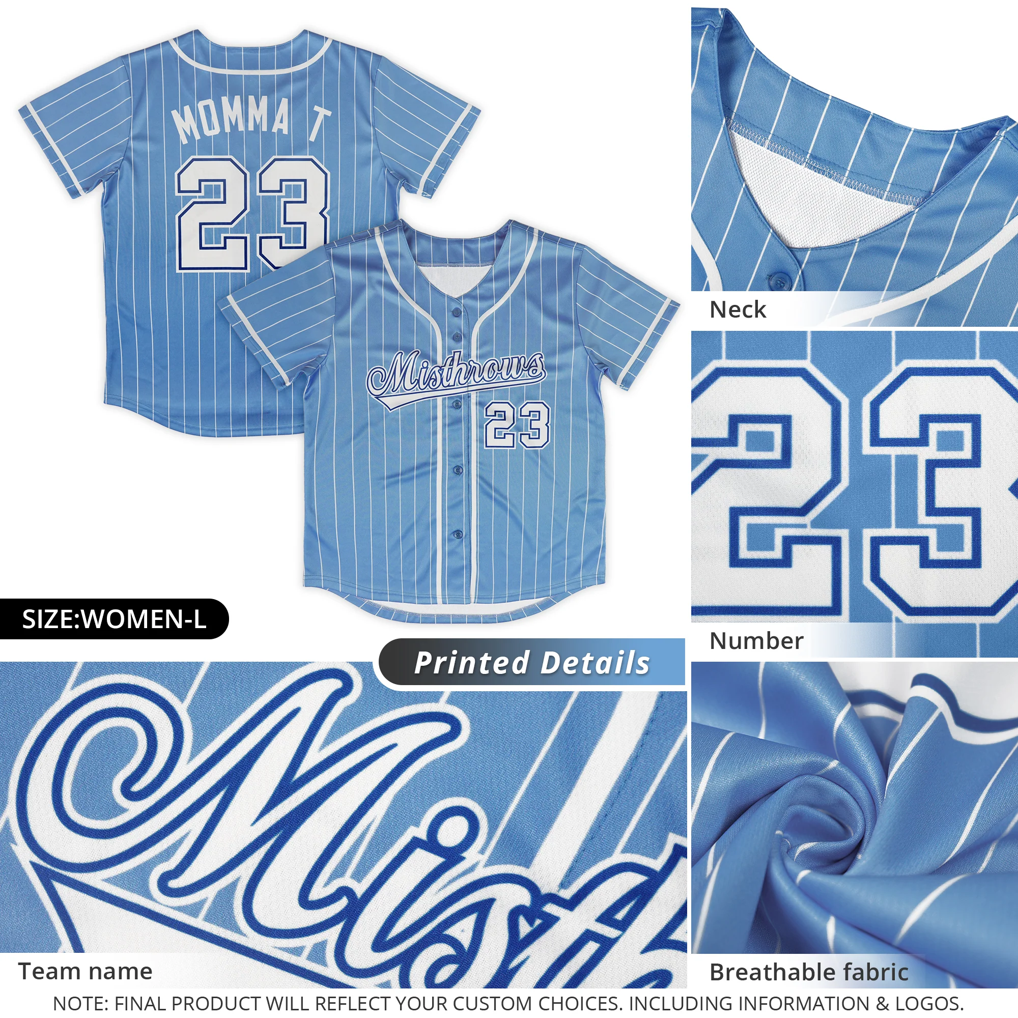 Hcwe Custom Light Blue White Stripe Fashion Design Full Button Authentic Baseball Jersey