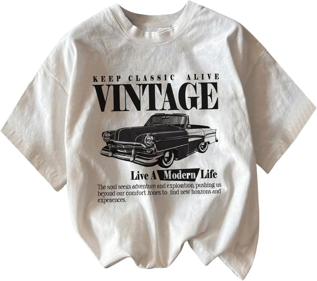 RoseSeek Women's Graphic Letter Tee Crew Neck Trendy Summer Vintage T Shirt | Drop Shoulder, Short Sleeve Car Print Top, Graphic Tees for Women, Y2k Vintage Tshirts
