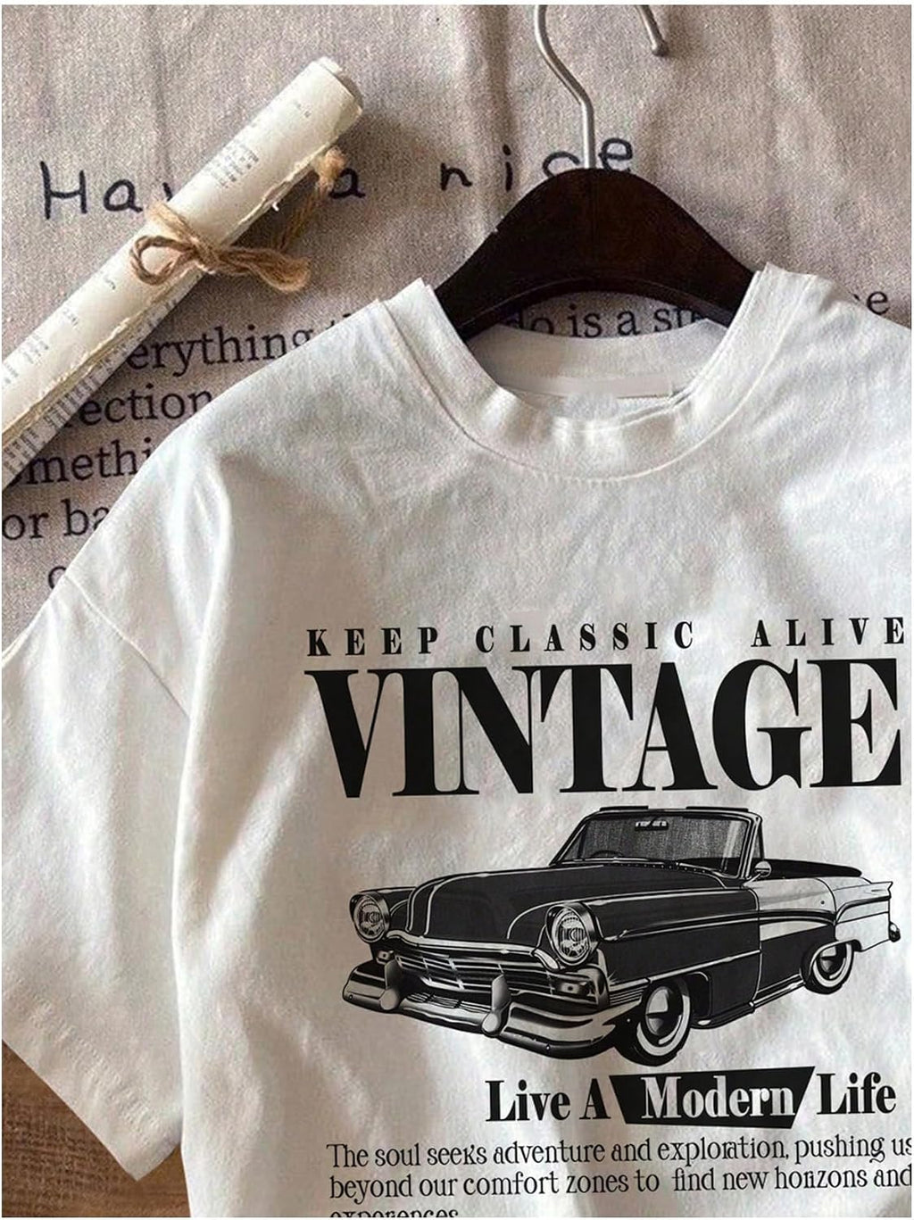 RoseSeek Women's Graphic Letter Tee Crew Neck Trendy Summer Vintage T Shirt | Drop Shoulder, Short Sleeve Car Print Top, Graphic Tees for Women, Y2k Vintage Tshirts