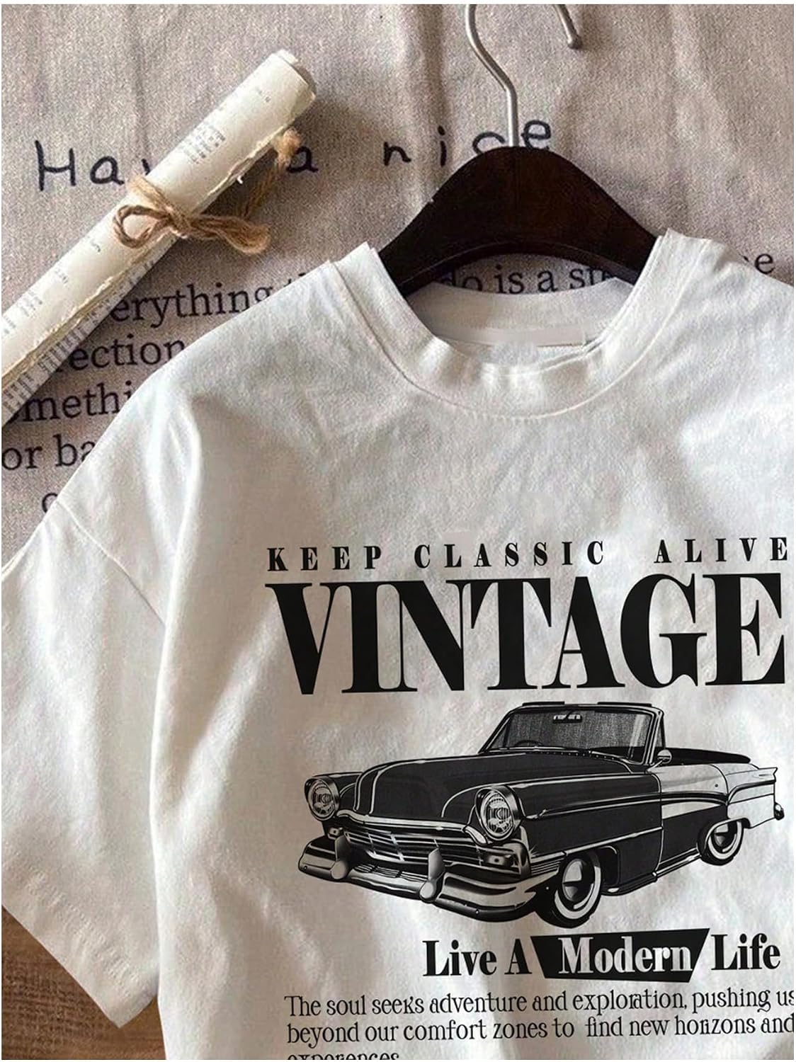 RoseSeek Women's Graphic Letter Tee Crew Neck Trendy Summer Vintage T Shirt | Drop Shoulder, Short Sleeve Car Print Top, Graphic Tees for Women, Y2k Vintage Tshirts