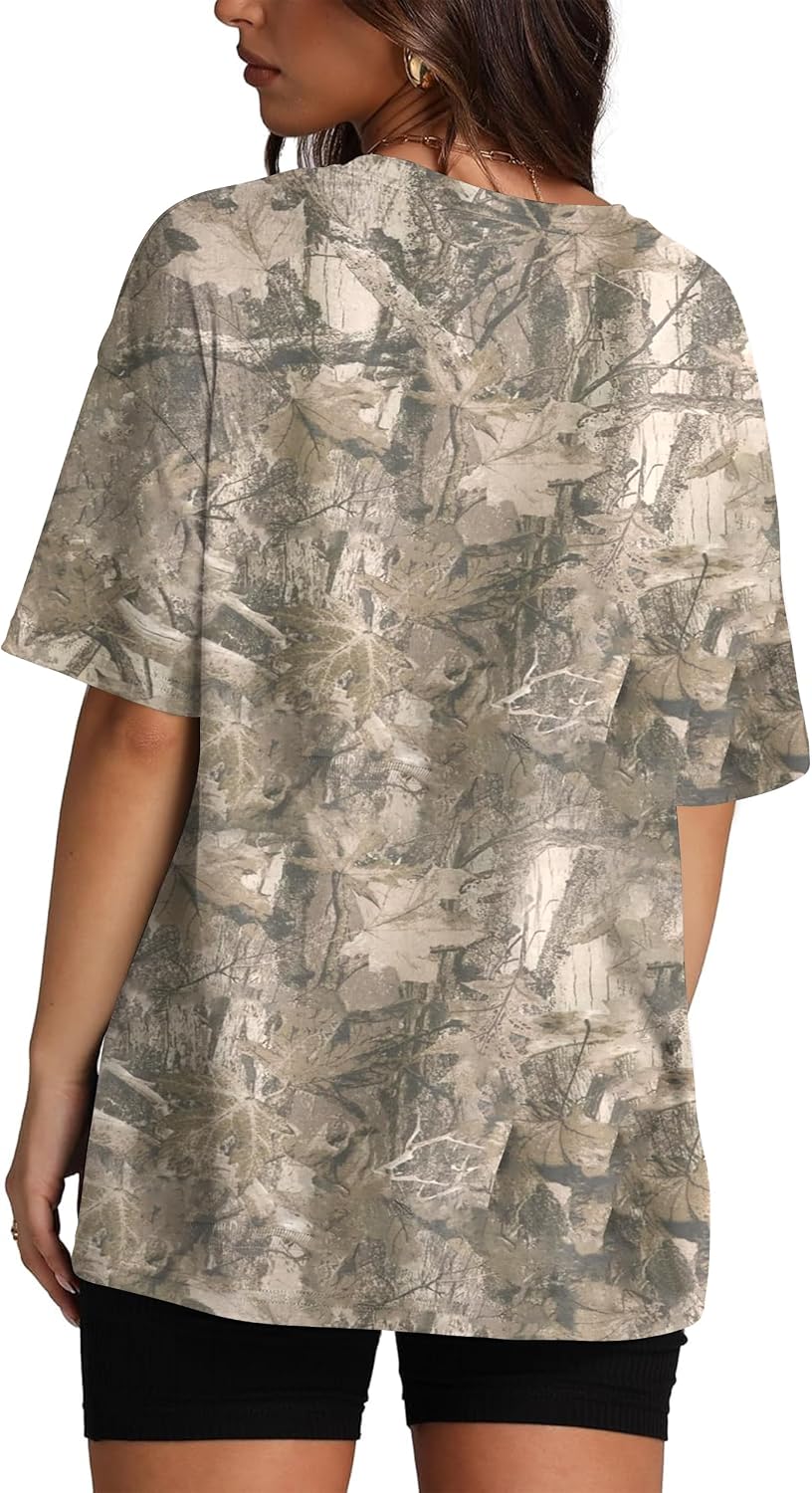 Womens Camo Shirt Oversized Maple Leaf Short Sleeve T Shirts Tops | Loose Fit,White Camo T-Shirt,Crew Neck,Half Sleeve,Everyday Outfits,Gym,Workout,Home,Work,Hiking,2026 Basic Tee