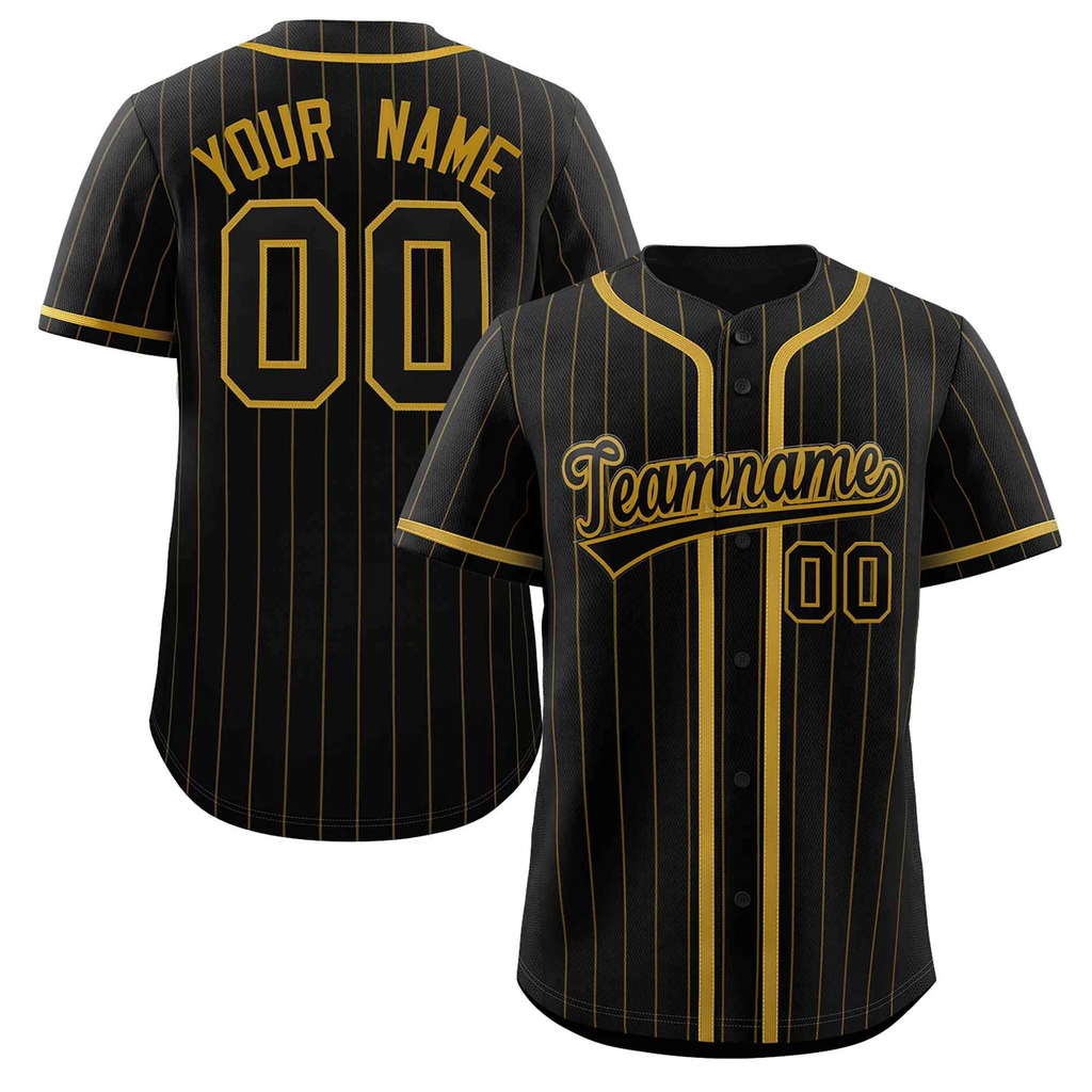Hcwe Custom Black Old Gold Stripe Fashion Design Full Button Authentic Baseball Jersey