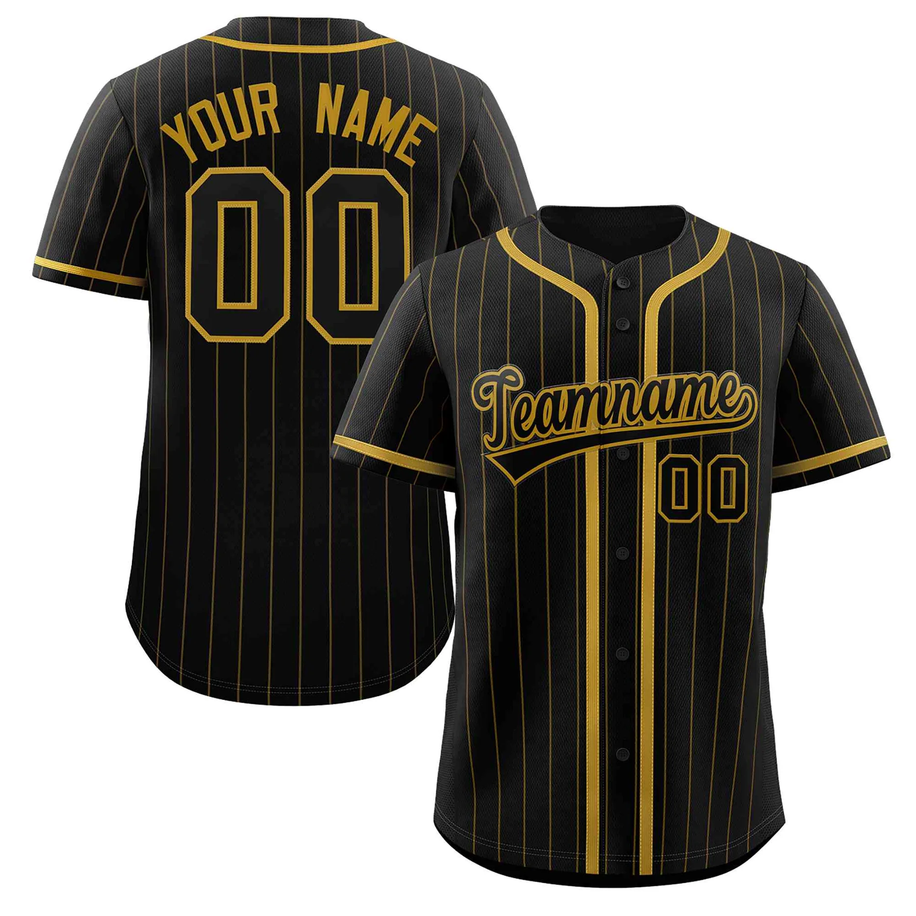 Hcwe Custom Black Old Gold Stripe Fashion Design Full Button Authentic Baseball Jersey