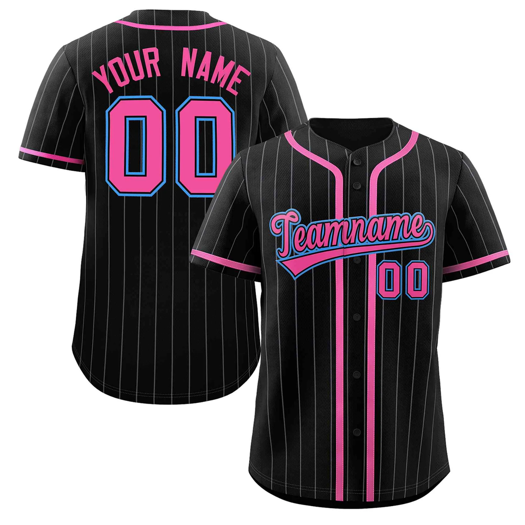 Hcwe Custom Black Pink-Gray Stripe Fashion Design Full Button Authentic Baseball Jersey