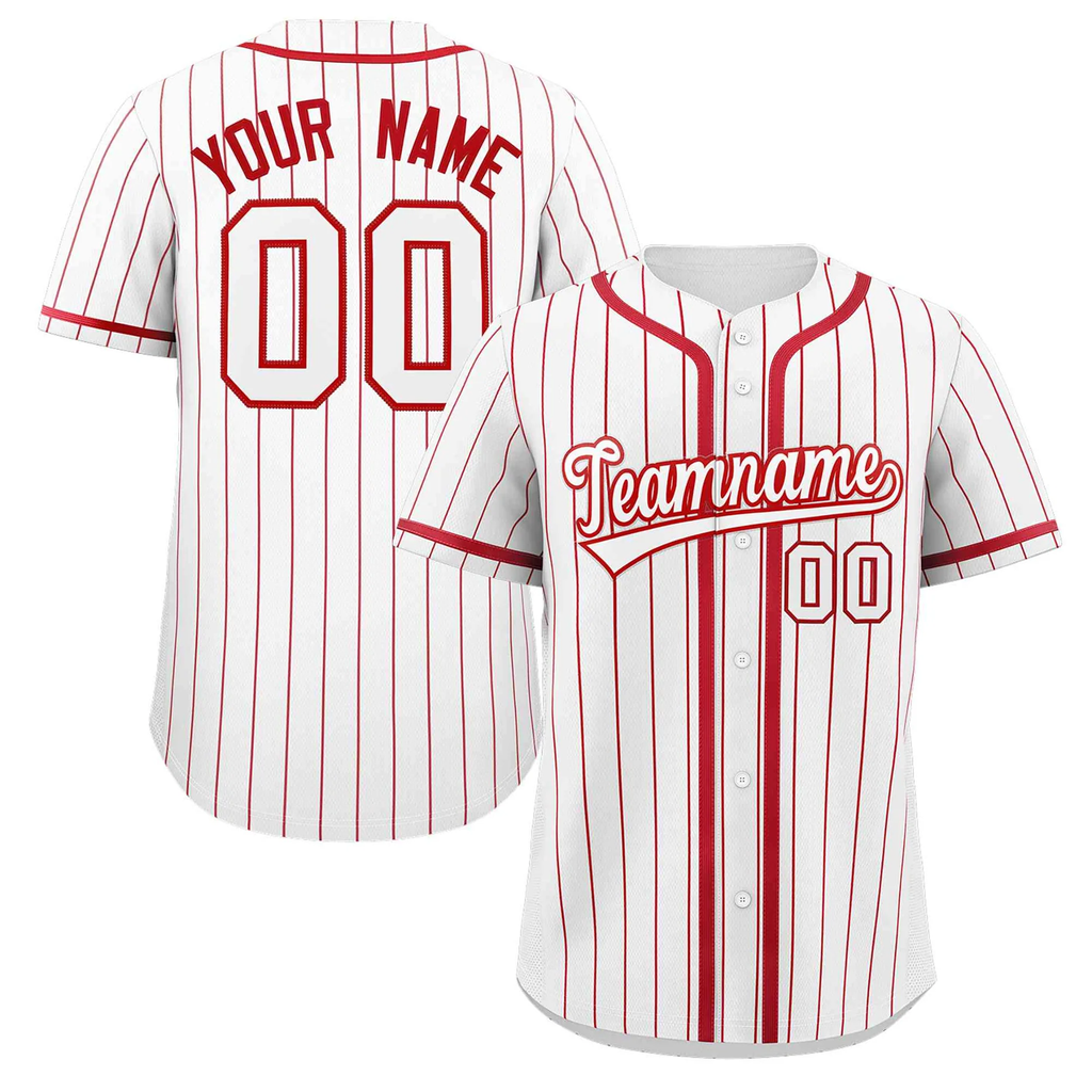 Hcwe Custom White Red Stripe Fashion Design Full Button Authentic Baseball Jersey
