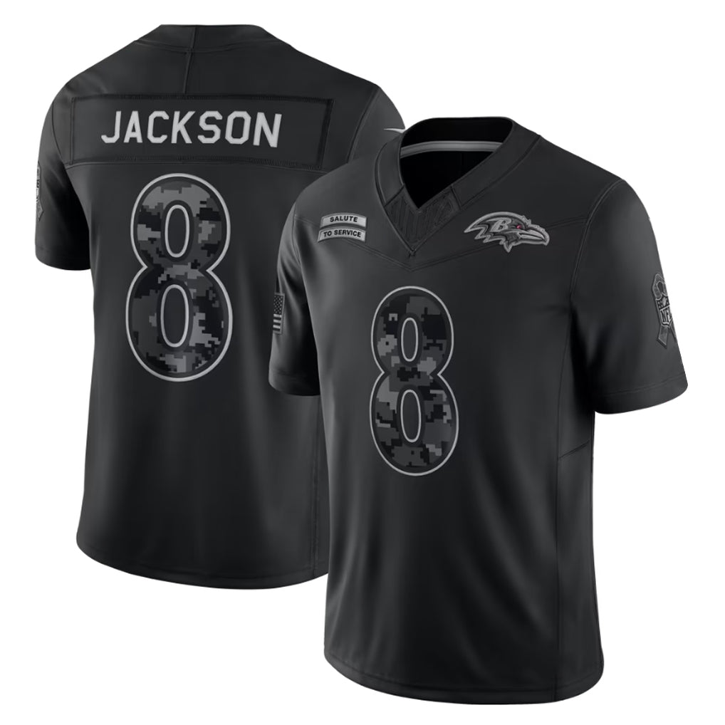 Reast B.Ravens #8 Lamar Jackson Player Black Limited 2026 Salute to Service Home Game Stitched Jerseys