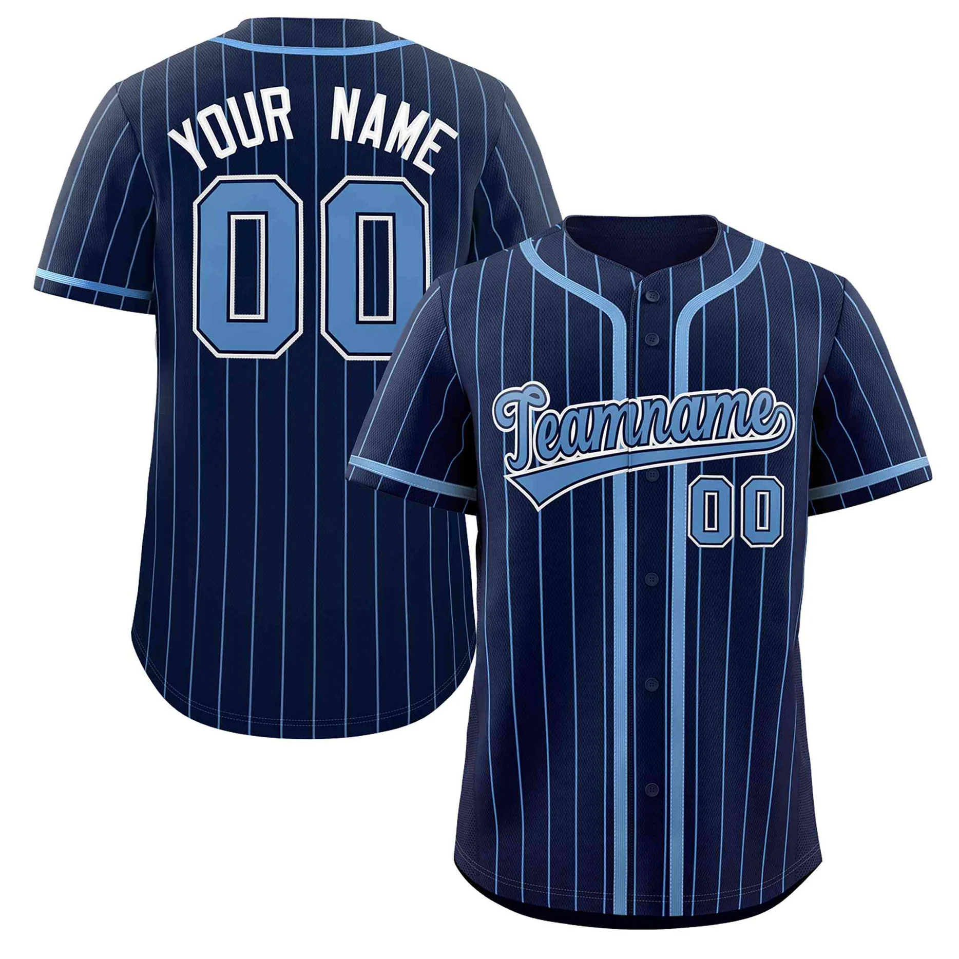 Hcwe Custom Navy Light Blue Stripe Fashion Design Full Button Authentic Baseball Jersey